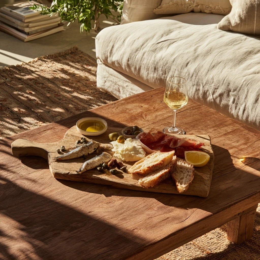 Tábua de madeira sobre a mesa de centro da sala, com sardinhas, queijo fresco, presunto cru, azeitonas, pão de fermentação natural, limão e uma tigela de azeite, ao lado de uma taça de vinho branco, sob luz de fim de tarde