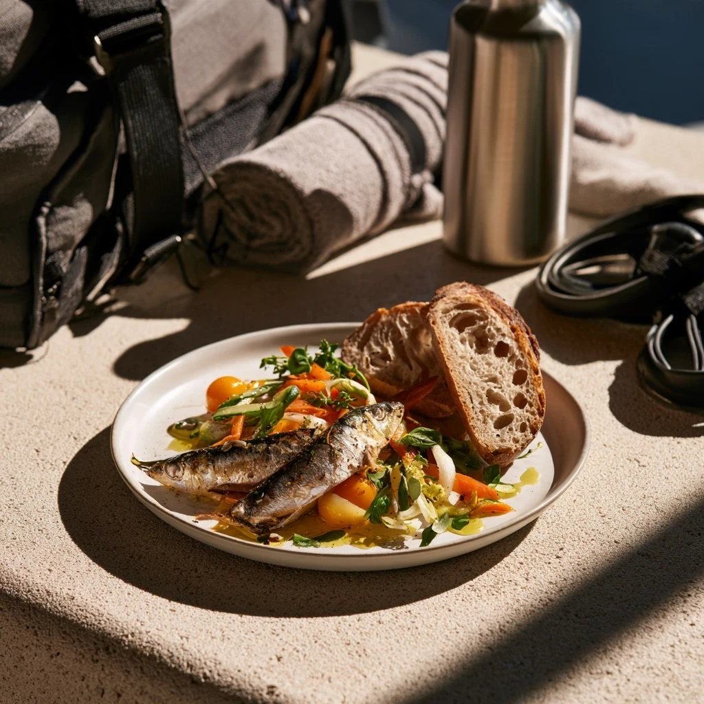 Prato com sardinhas inteiras sobre salada de cenoura, tomate-cereja e ervas, com fatias de pão de fermentação natural, em bancada sob sol forte; ao fundo, mochila do treino, toalha enrolada e garrafa térmica