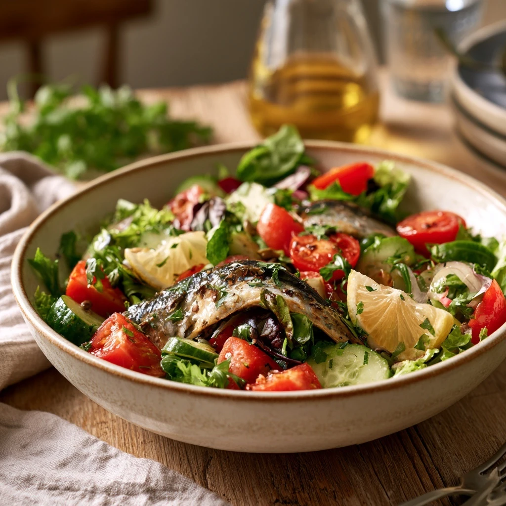 Tigela de cerâmica com salada de folhas, tomate, pepino e limão, com postas de sardinha por cima, sobre mesa de madeira ao lado de um guardanapo de linho e uma garrafa de azeite